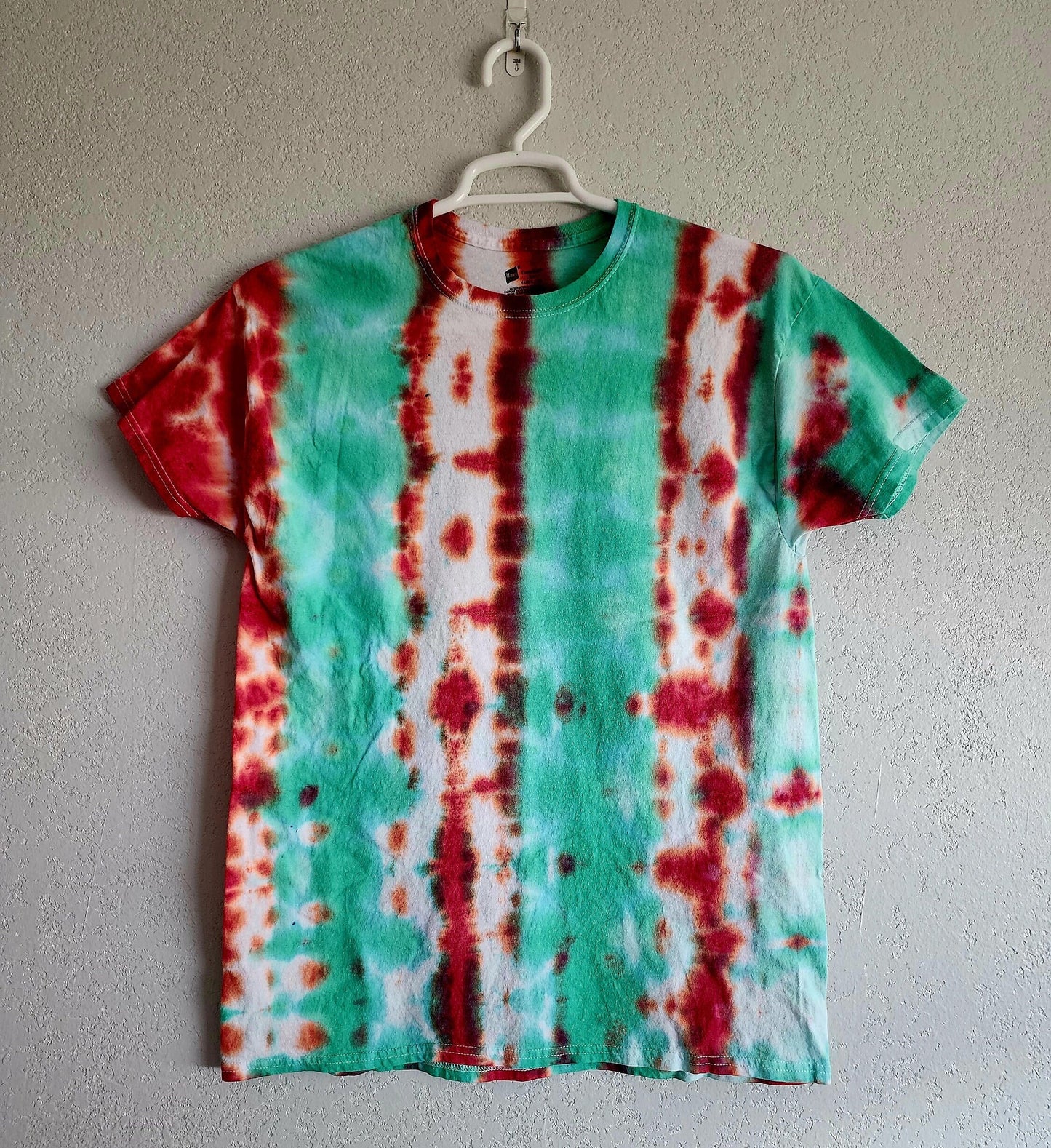 Red & Green Stripe Tie Dye T Shirt Customizable Unisex Size L