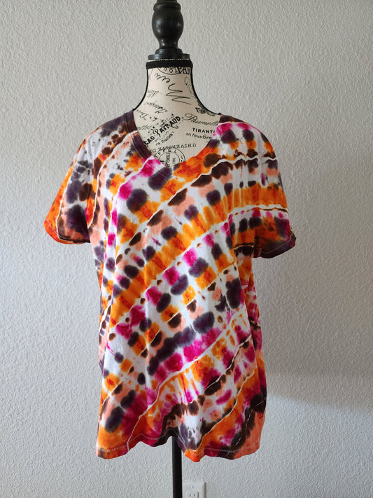 Orange & Pink Stripe Tie Dye T Shirt Women's XL