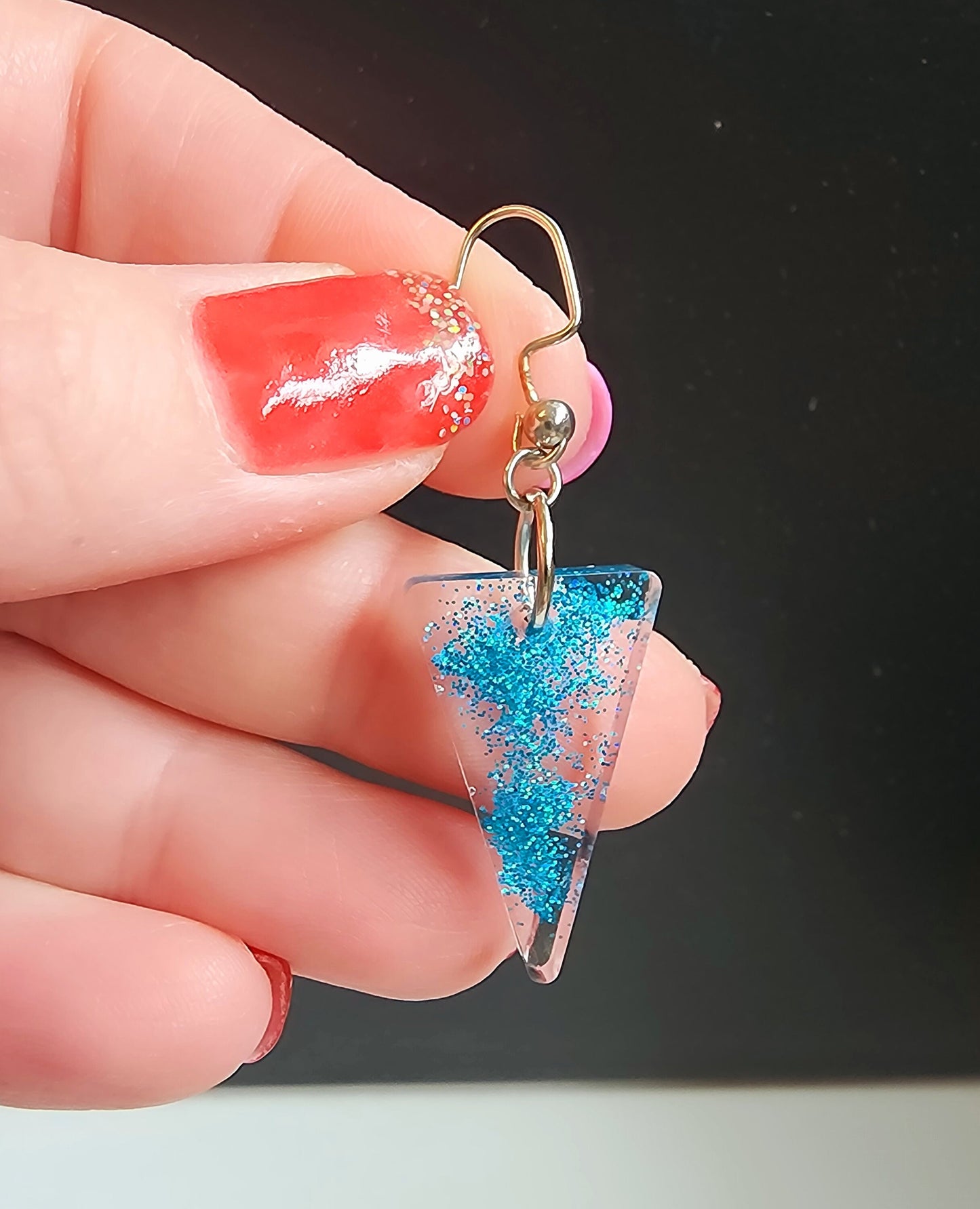 Blue Glitter Triangle Drop Resin Earrings