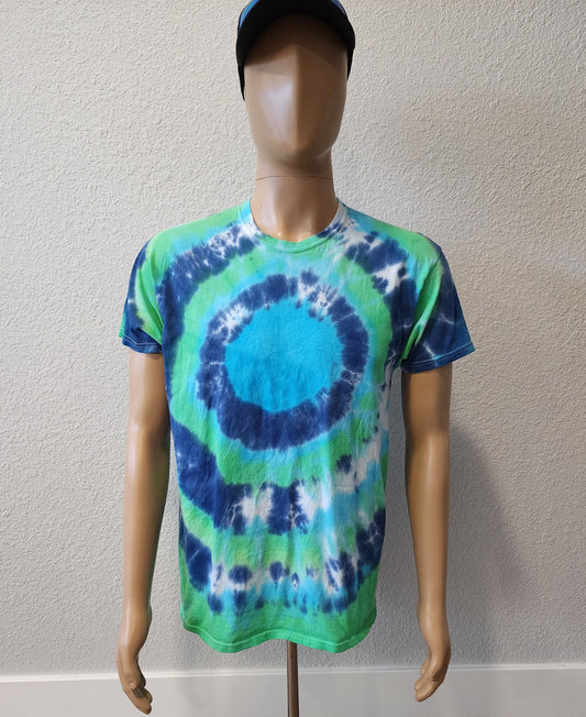 Green & Blue Bullseye Tie Dye T Shirt Customizable Unisex Size L