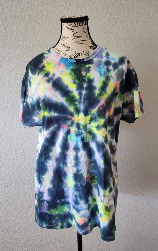 Black Spiral Neon Tie Dye T Shirt Customizable Unisex Size L