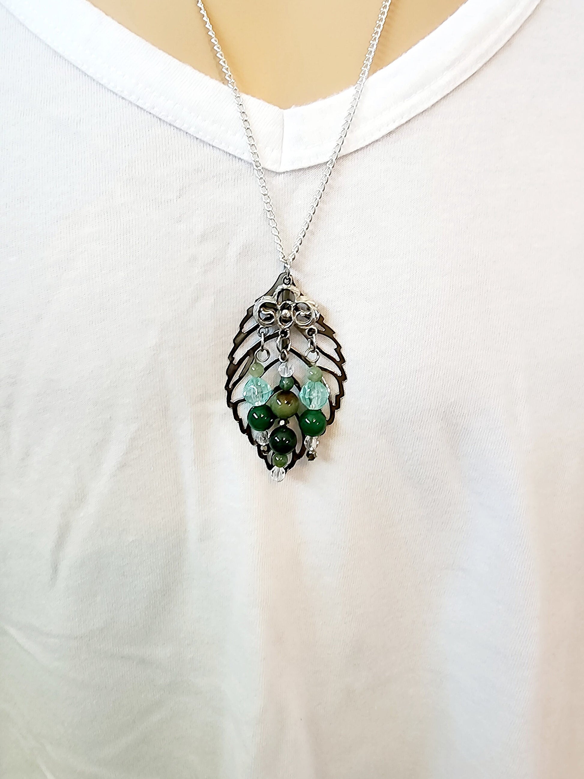 Green Leaf Necklace, Natural Stone Necklace