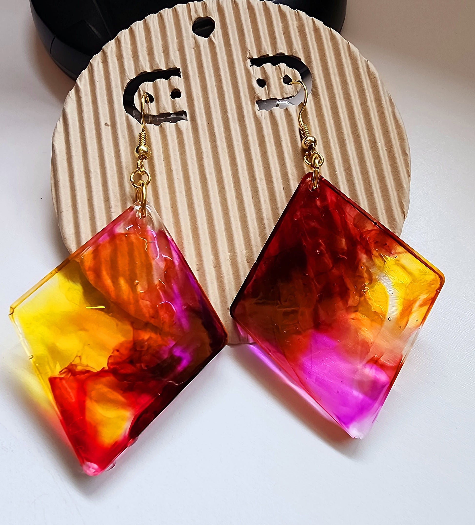 Red & Yellow Diamond Drop Resin Earrings