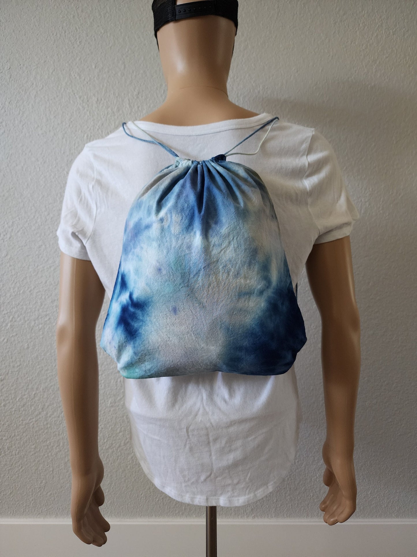 Blue and White Crumple Tie Dye Drawstring Backpack