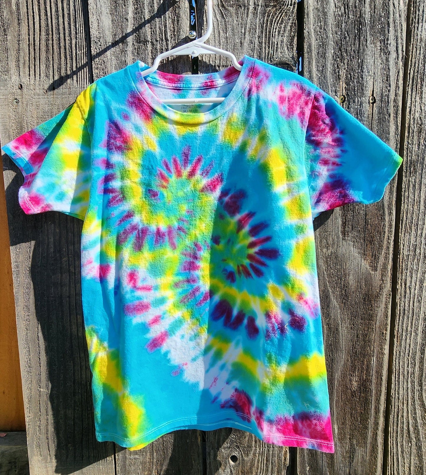 Kid's Blue, Yellow and Pink Double Spiral Tie Dye T Shirt Size Youth M